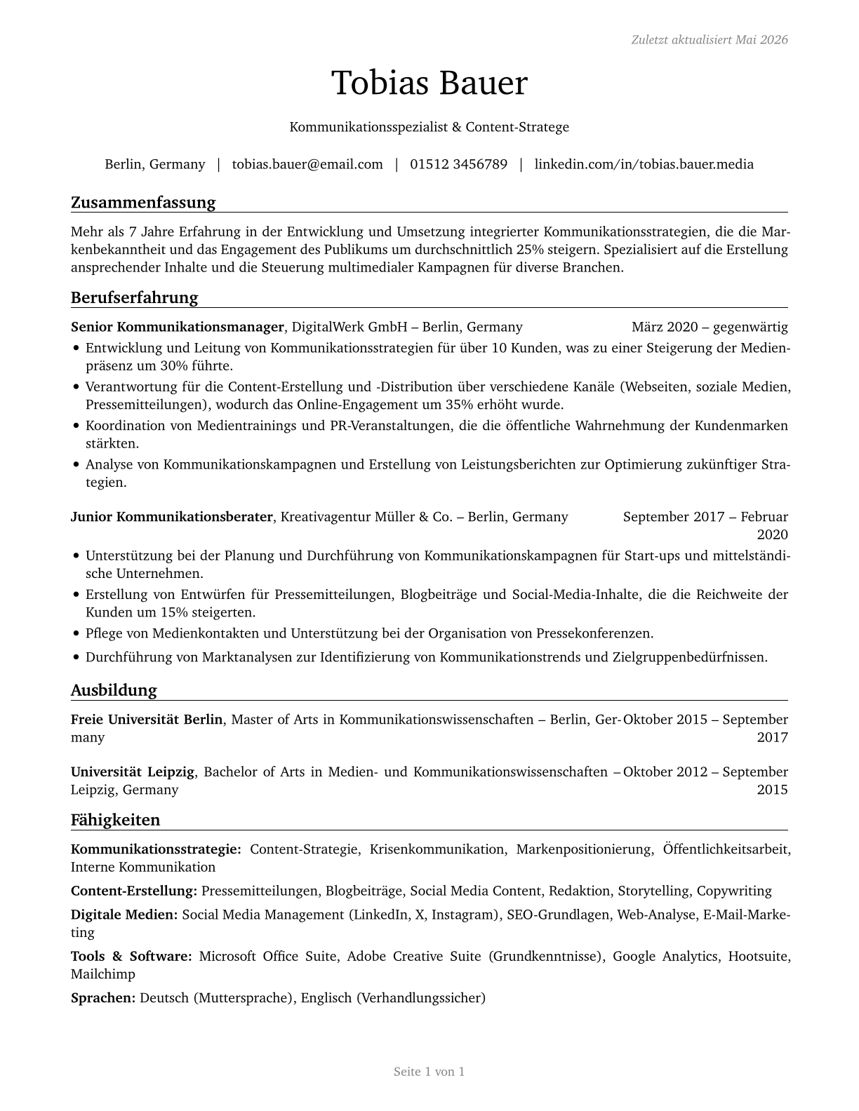 Media and Communication Workers, All Other CV in German — page 1