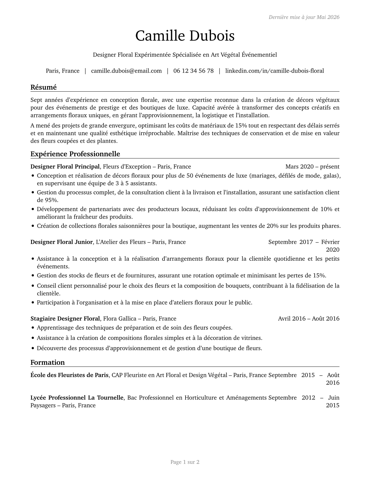 Floral Designers CV in French — page 1