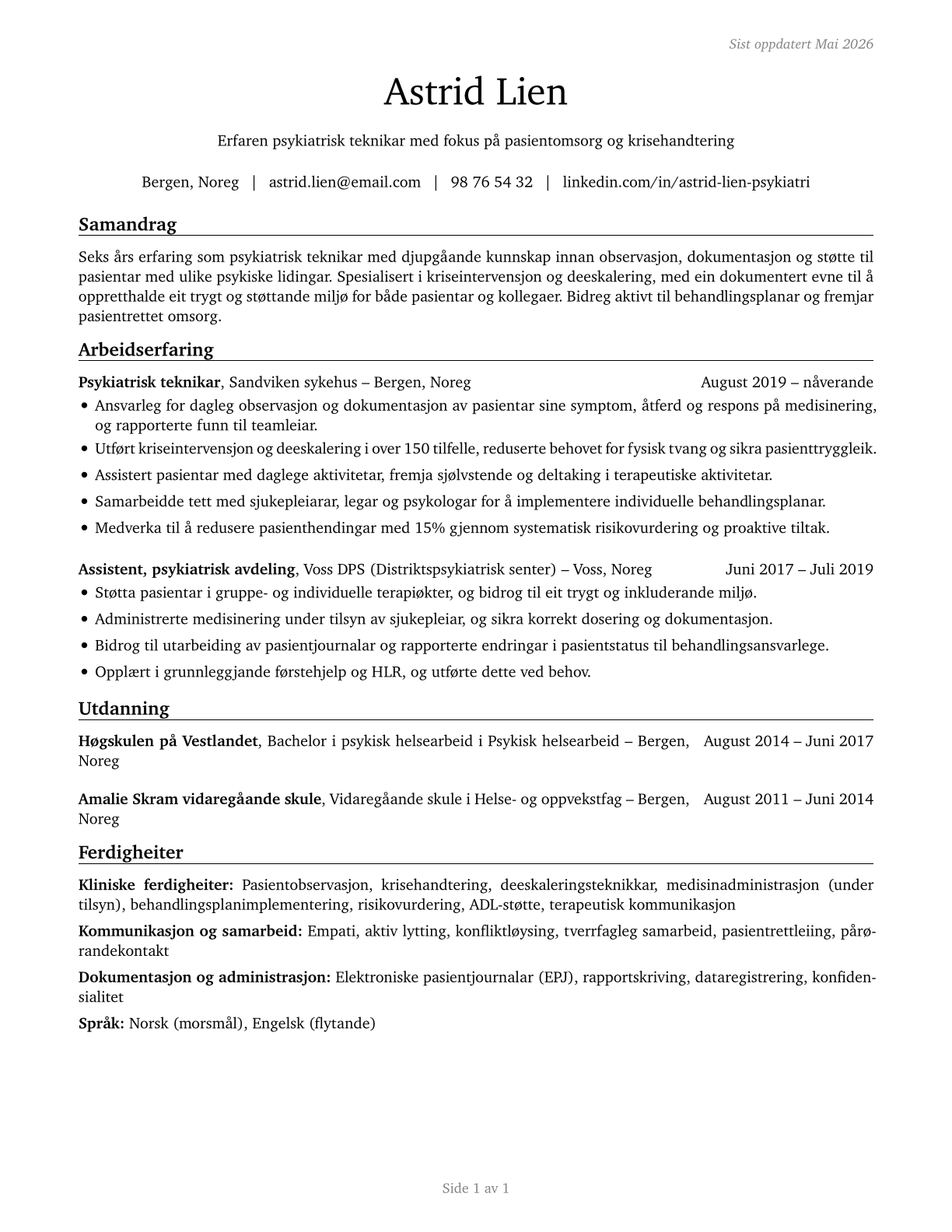 Psychiatric Technicians CV in Norwegian_nynorsk — page 1