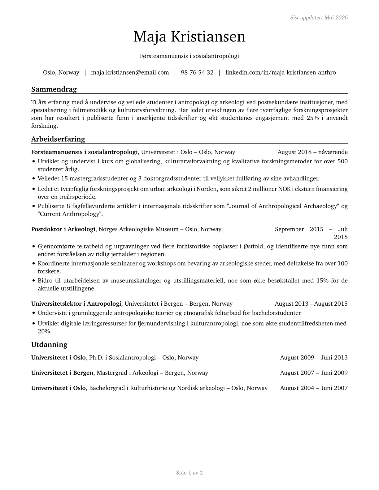 Anthropology and Archeology Teachers, Postsecondary CV in Norwegian_bokmal — page 1
