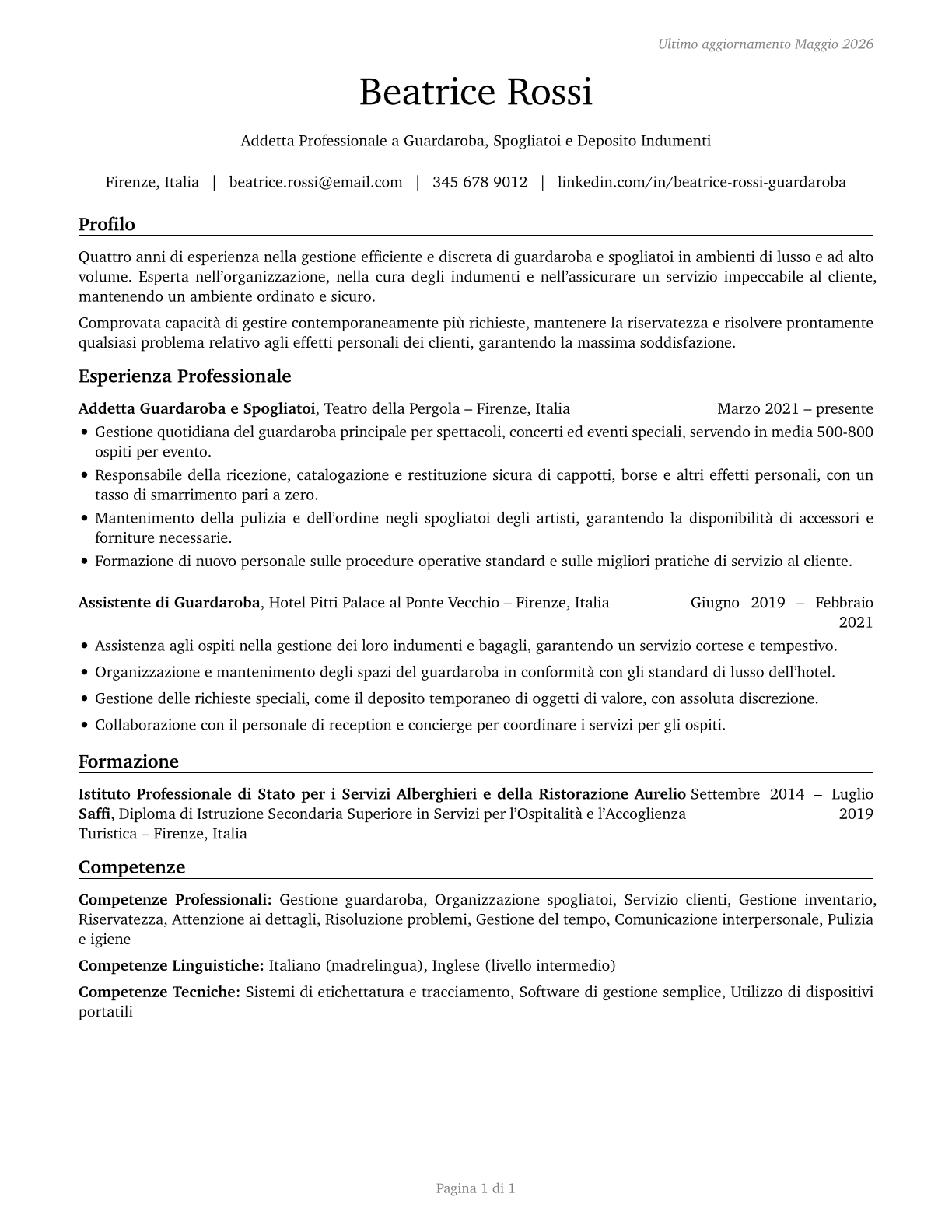 Locker Room, Coatroom, and Dressing Room Attendants CV in Italian — page 1
