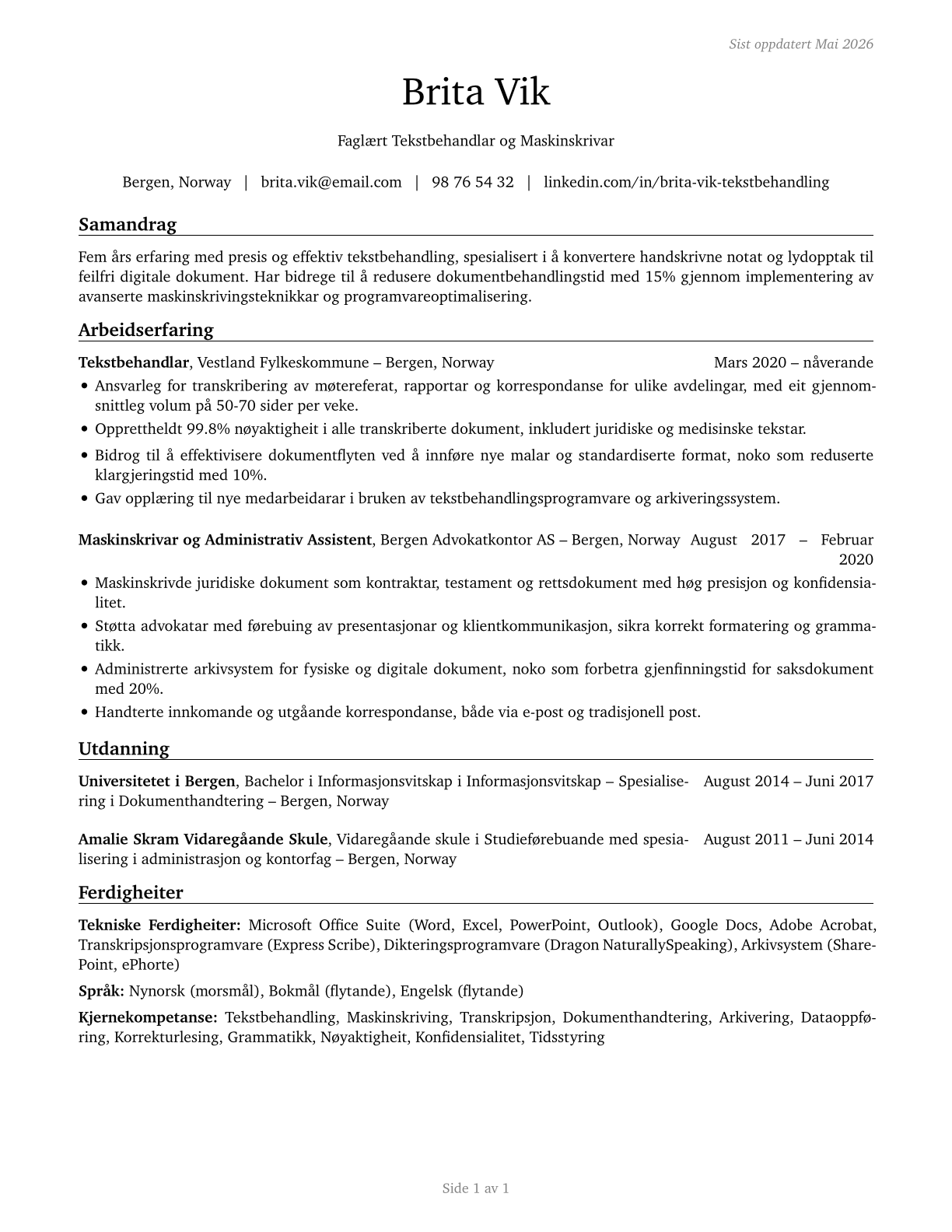 Word Processors and Typists CV in Norwegian_nynorsk — page 1