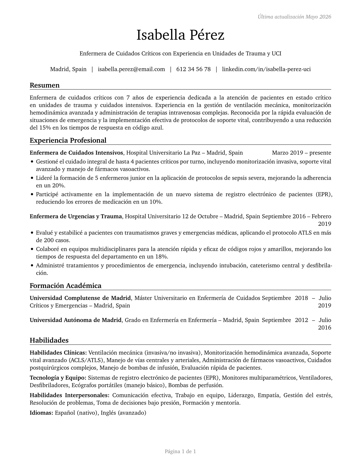 Critical Care Nurses CV in Spanish — page 1