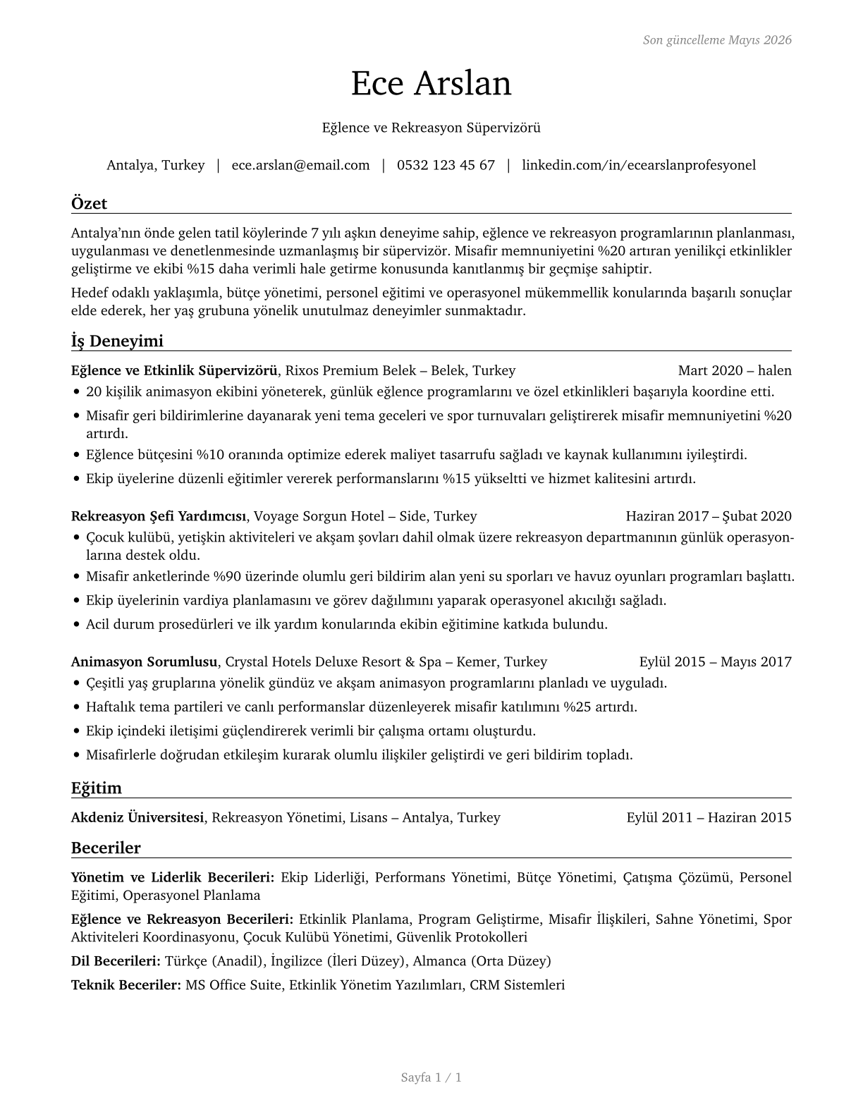 First-Line Supervisors of Entertainment and Recreation Workers, Except Gambling Services CV in Turkish — page 1