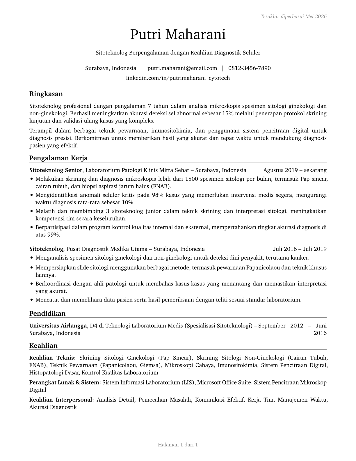 Cytotechnologists CV in Indonesian — page 1
