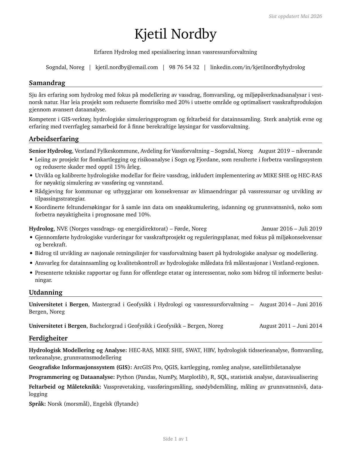 Hydrologists CV in Norwegian_nynorsk — page 1