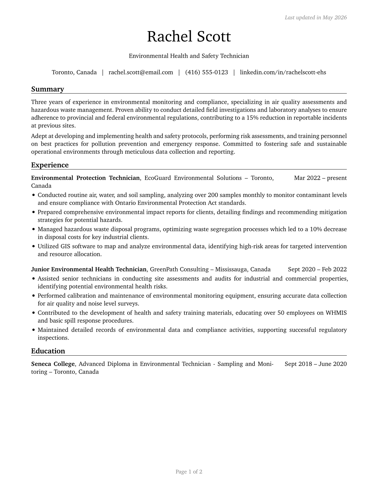 Environmental Science and Protection Technicians, Including Health CV in English — page 1