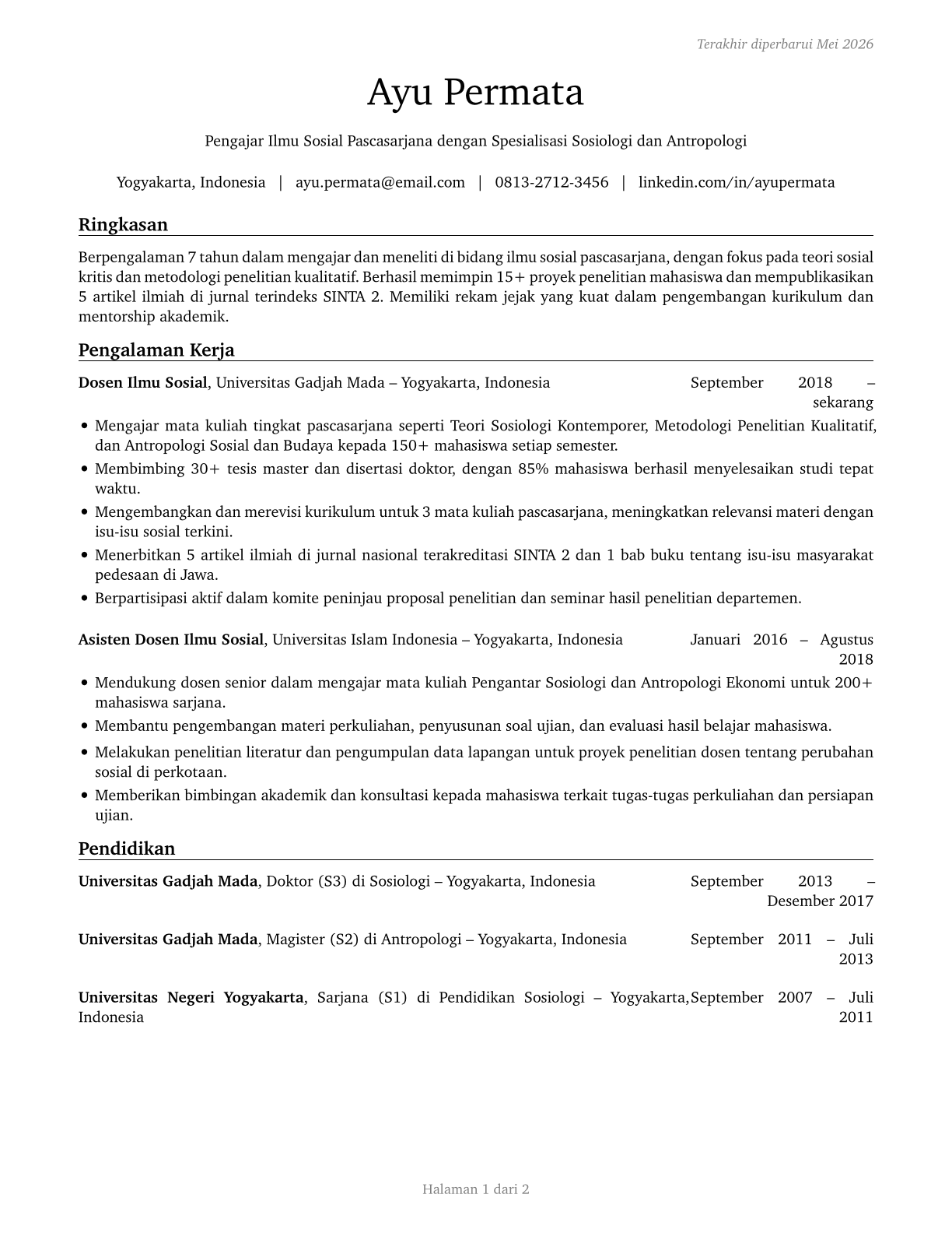Social Sciences Teachers, Postsecondary, All Other CV in Indonesian — page 1