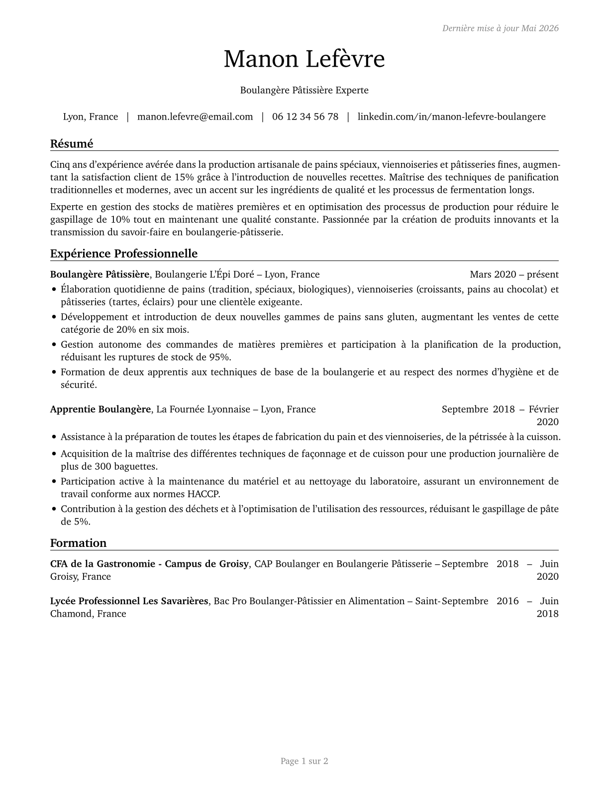 Bakers CV in French — page 1