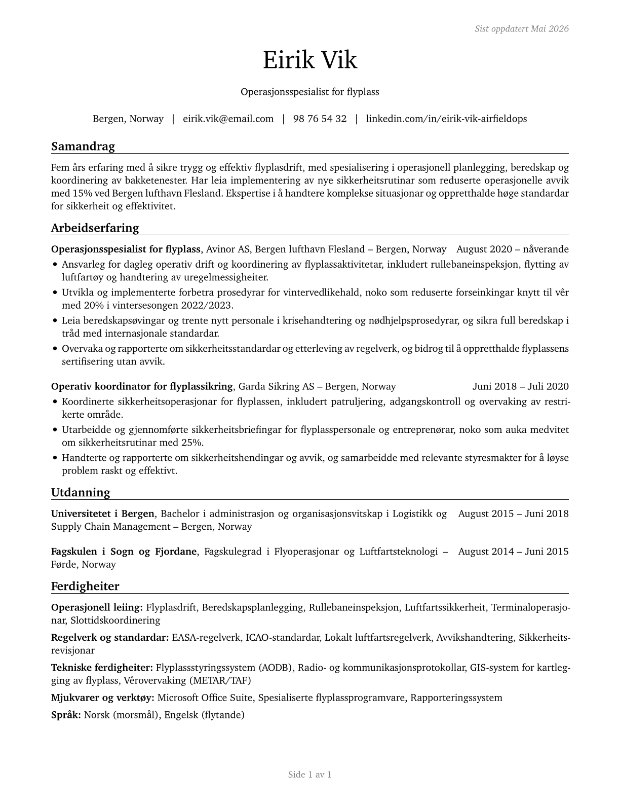Airfield Operations Specialists CV in Norwegian_nynorsk — page 1
