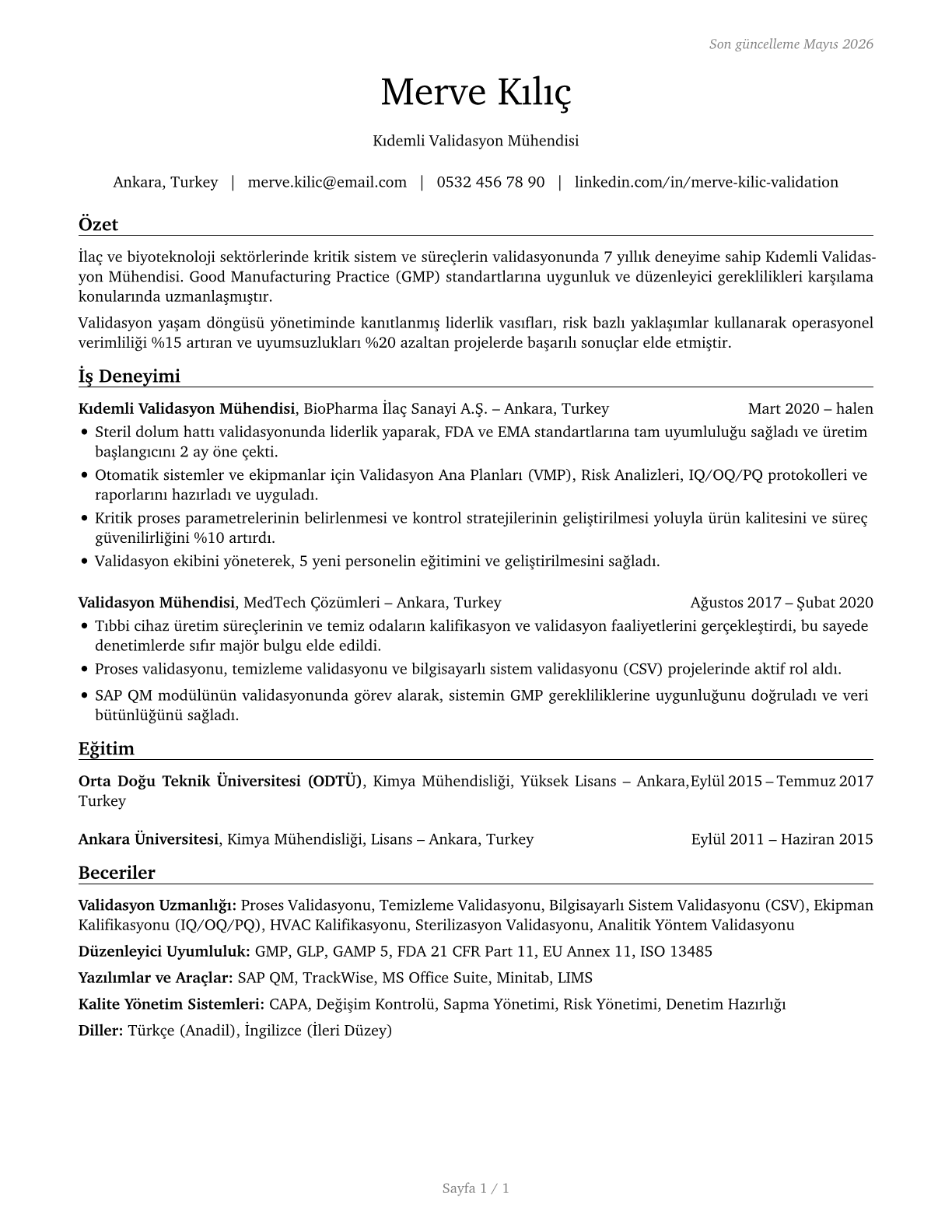 Validation Engineers CV in Turkish — page 1