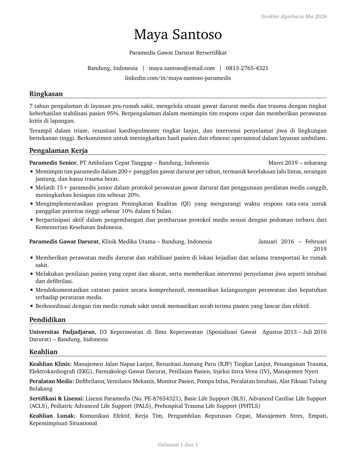 Paramedics CV in Indonesian — page 1