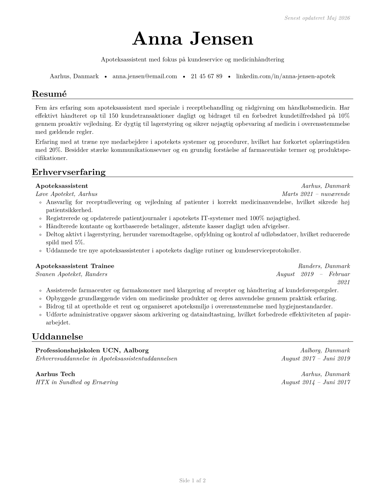 Pharmacy Aides CV in Danish — page 1