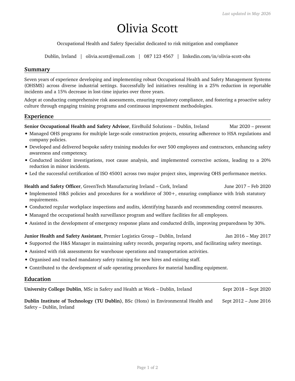 Occupational Health and Safety Specialists CV in English — page 1