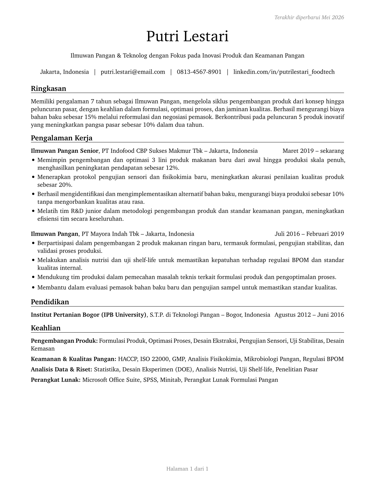 Food Scientists and Technologists CV in Indonesian — page 1