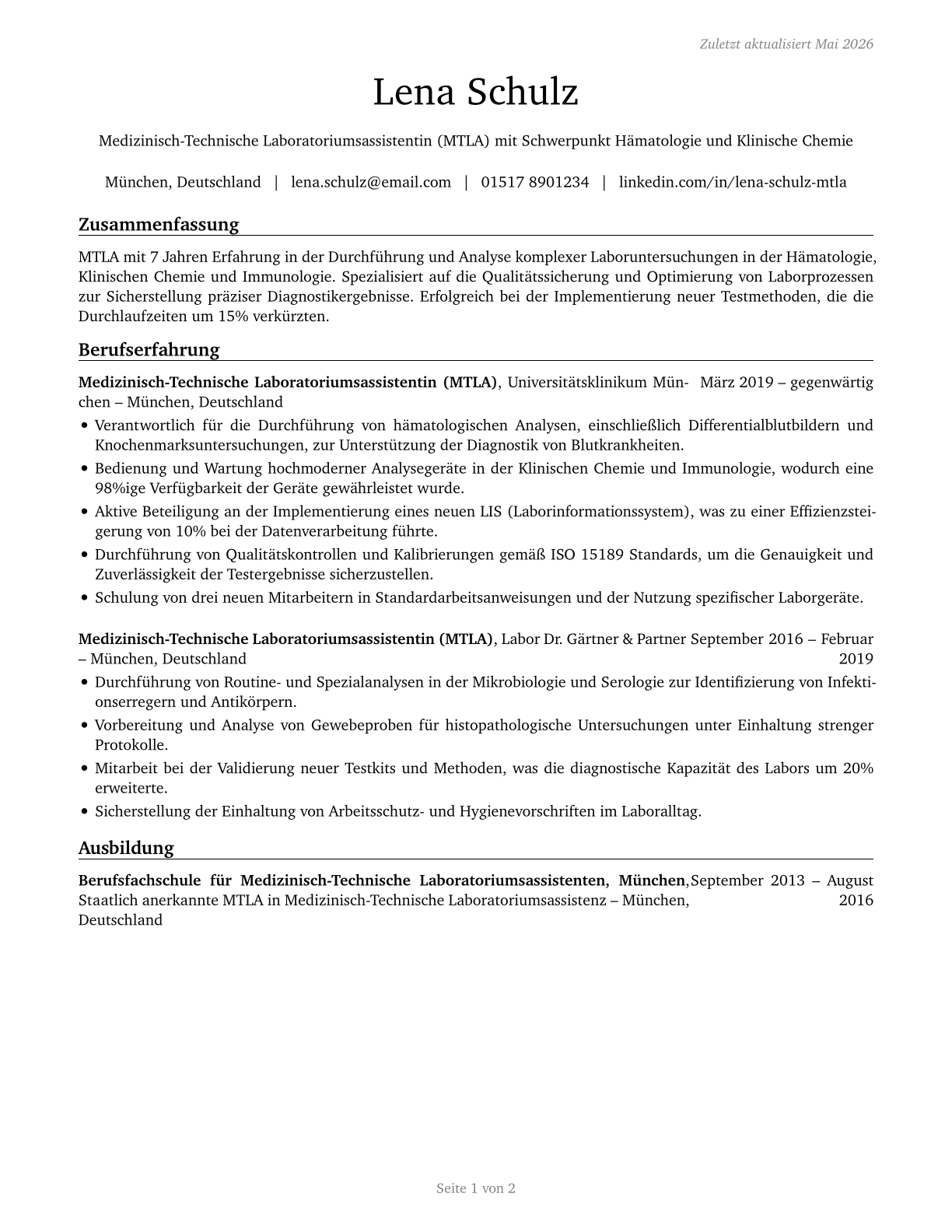 Medical and Clinical Laboratory Technologists CV in German — page 1