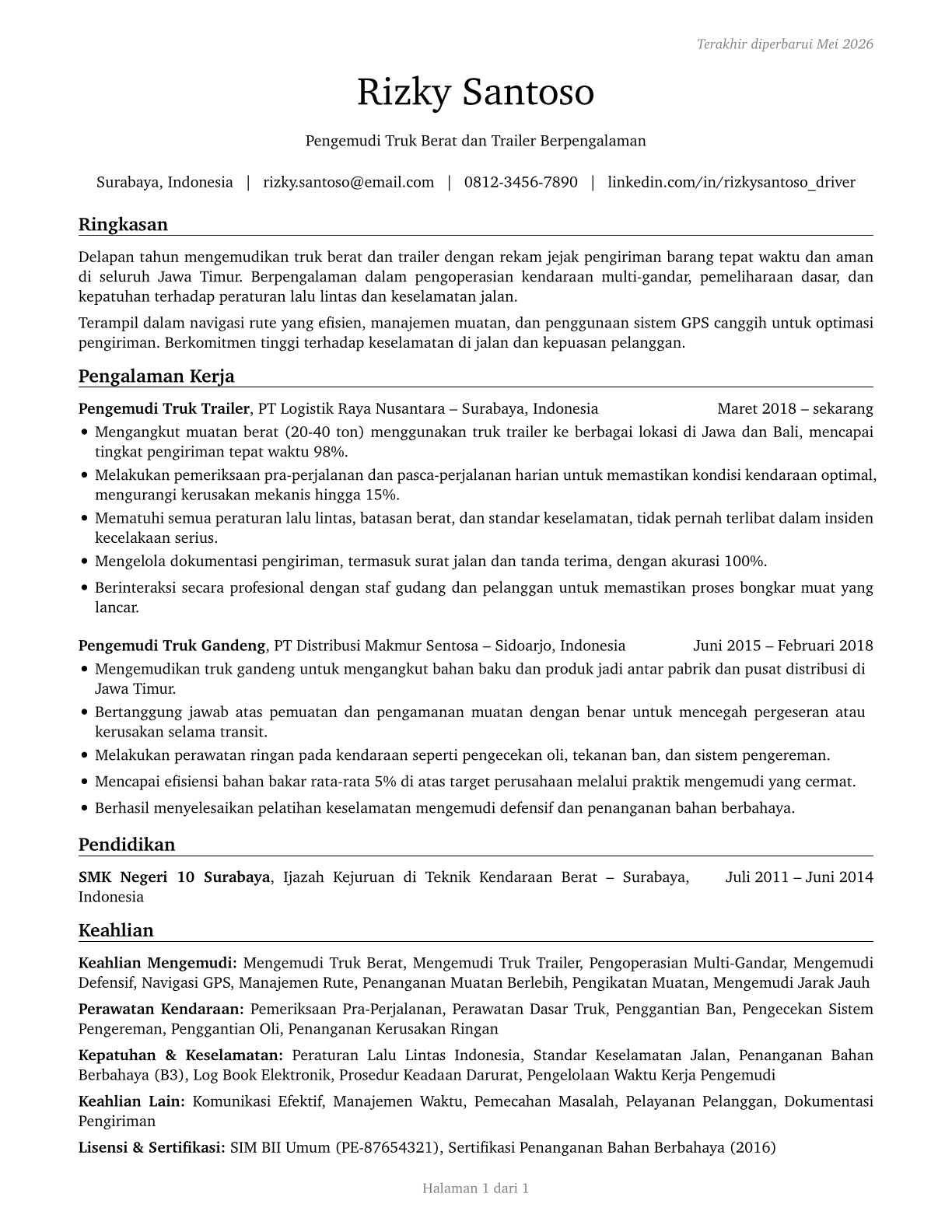 Heavy and Tractor-Trailer Truck Drivers CV in Indonesian — page 1