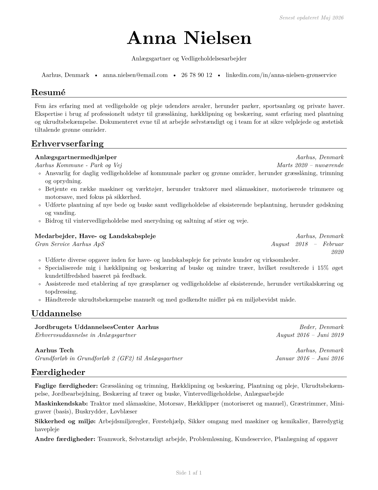 Grounds Maintenance Workers, All Other CV in Danish — page 1