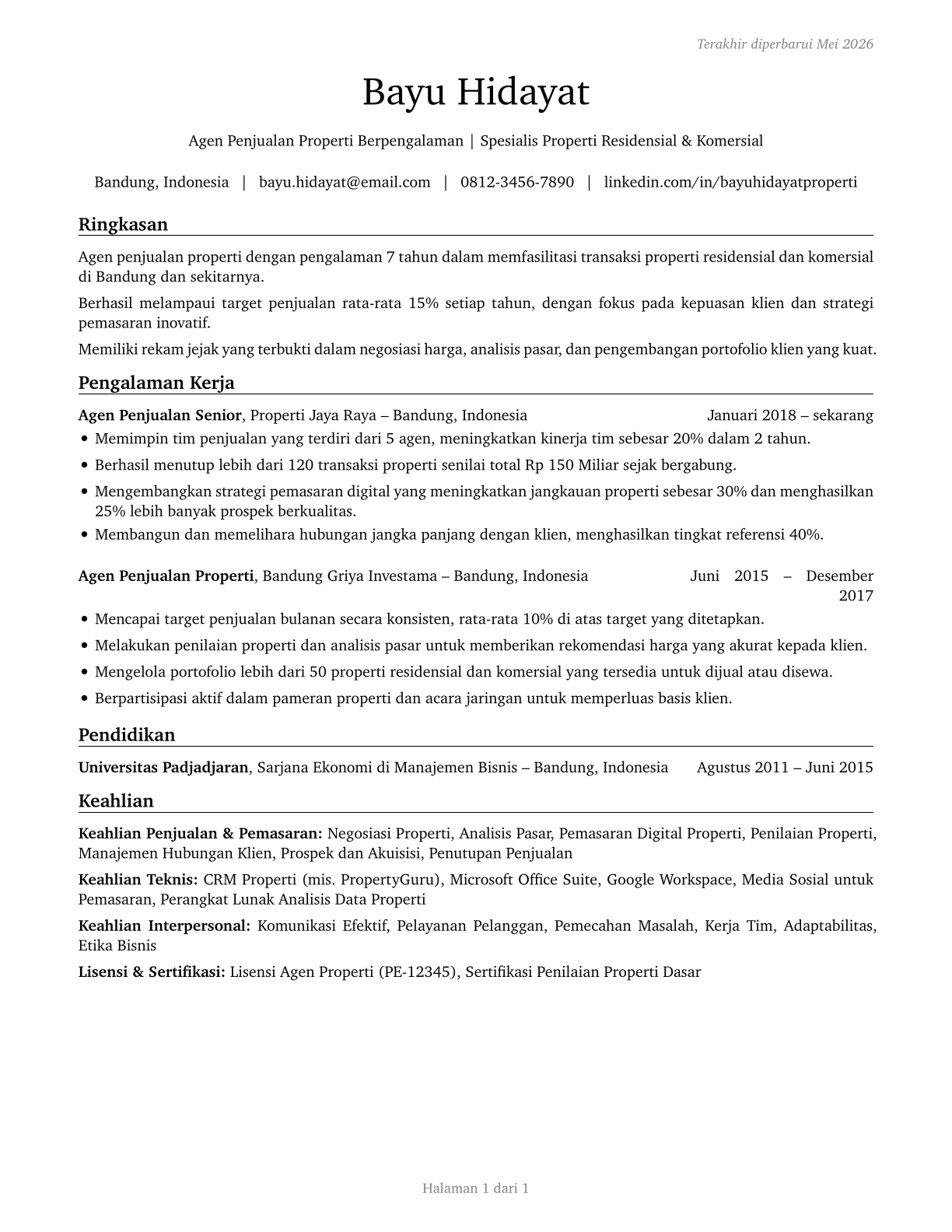 Real Estate Sales Agents CV in Indonesian — page 1