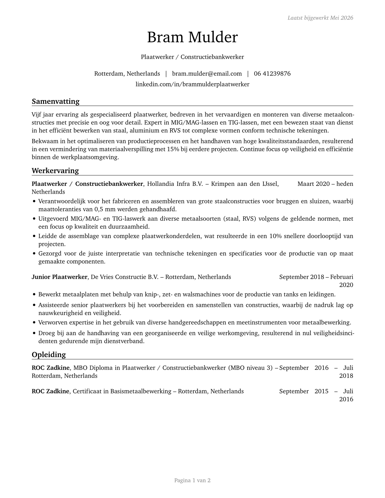 Sheet Metal Workers CV in Dutch — page 1