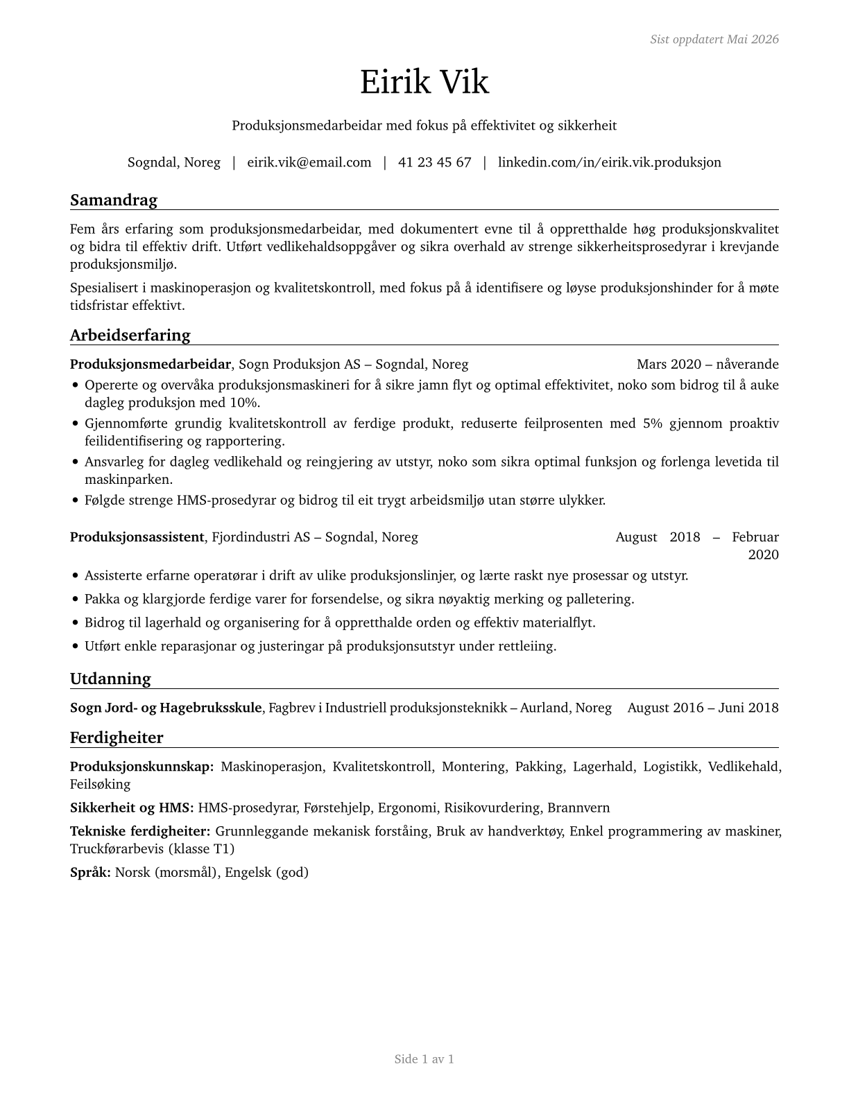 Helpers--Production Workers CV in Norwegian_nynorsk — page 1