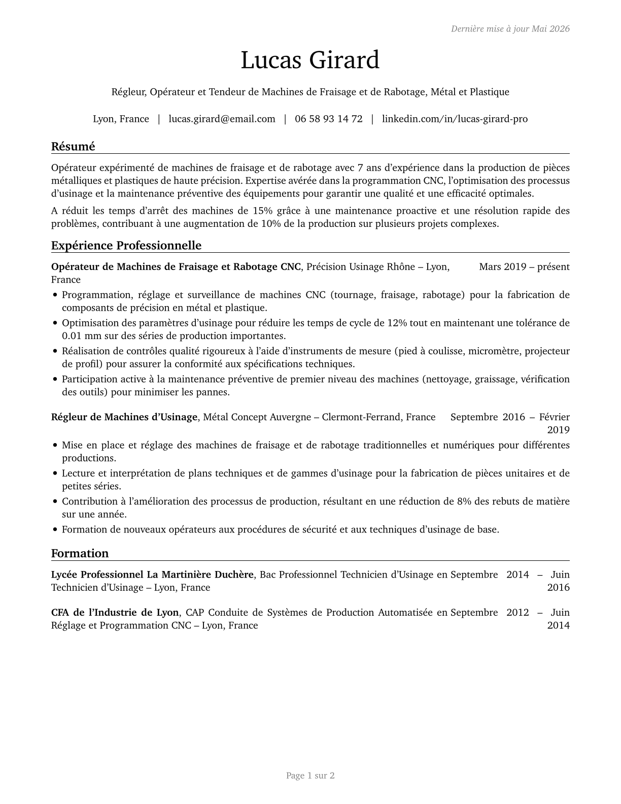 Milling and Planing Machine Setters, Operators, and Tenders, Metal and Plastic CV in French — page 1