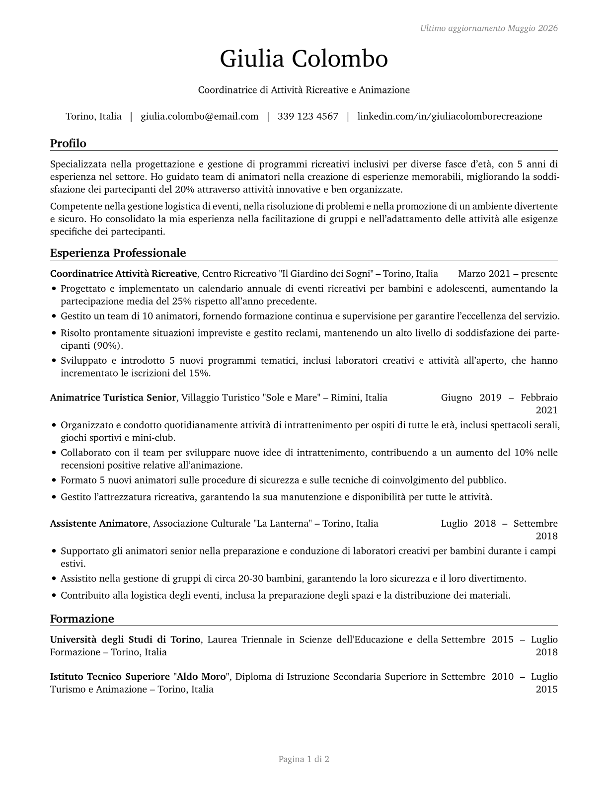 Recreation Workers CV in Italian — page 1