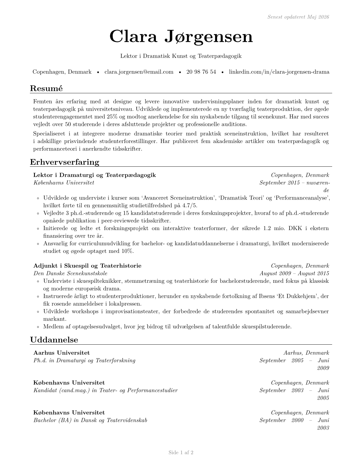 Art, Drama, and Music Teachers, Postsecondary CV in Danish — page 1