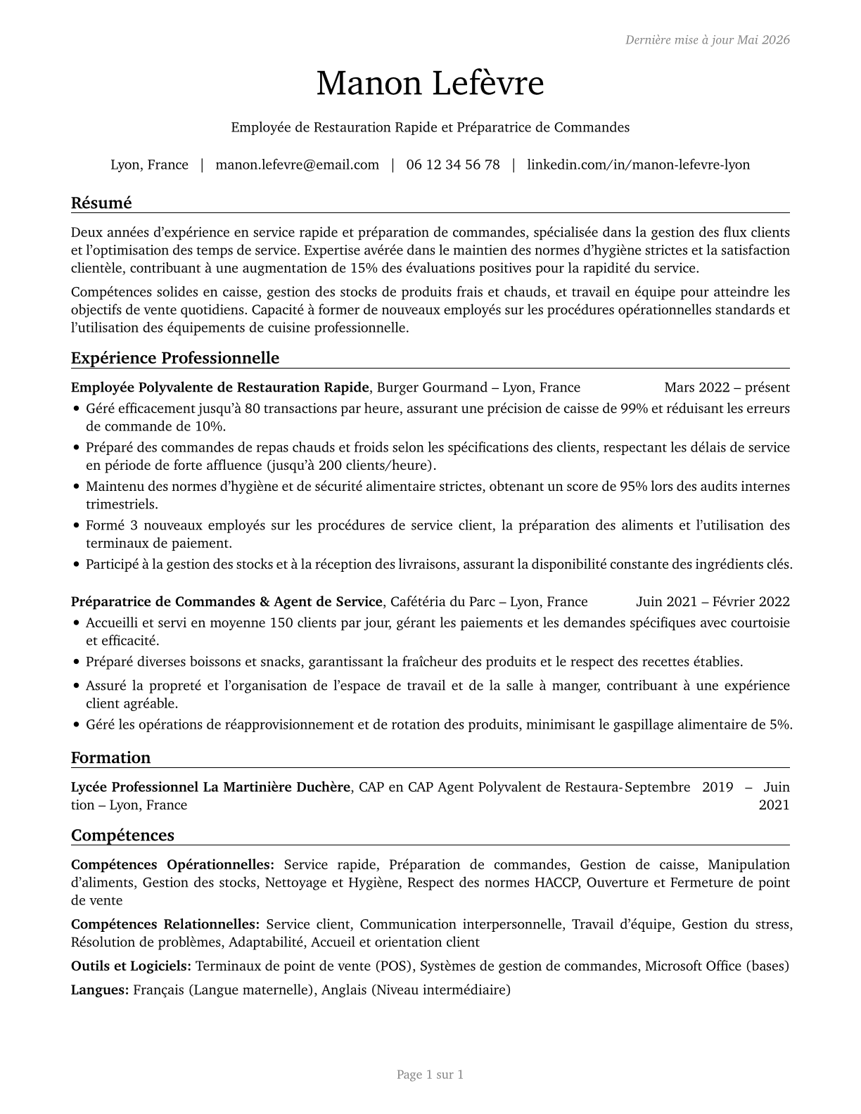 Fast Food and Counter Workers CV in French — page 1