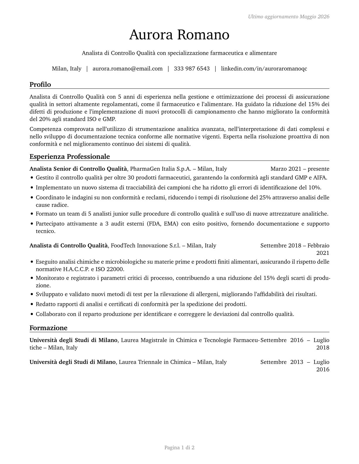 Quality Control Analysts CV in Italian — page 1