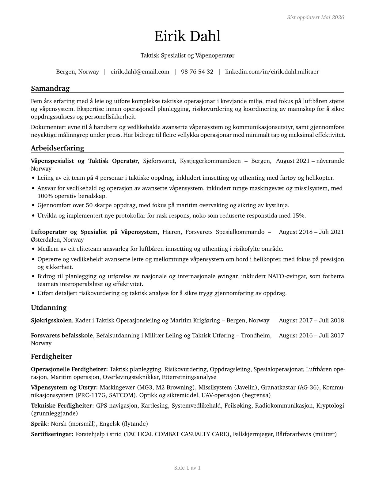 Military Enlisted Tactical Operations and Air/Weapons Specialists and Crew Members, All Other CV in Norwegian_nynorsk — page 1