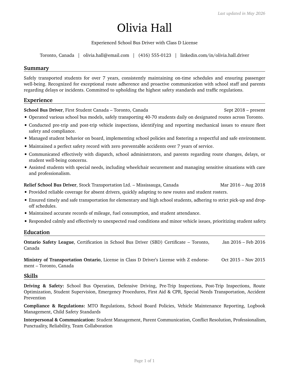 Bus Drivers, School CV in English — page 1
