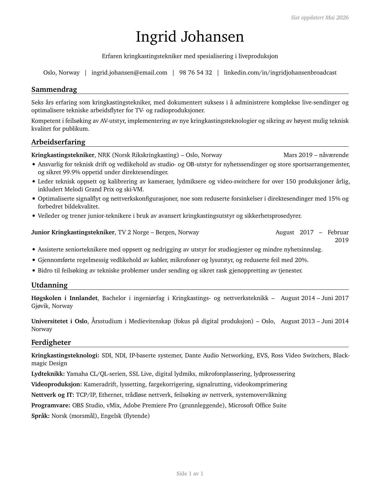 Broadcast Technicians CV in Norwegian_bokmal — page 1