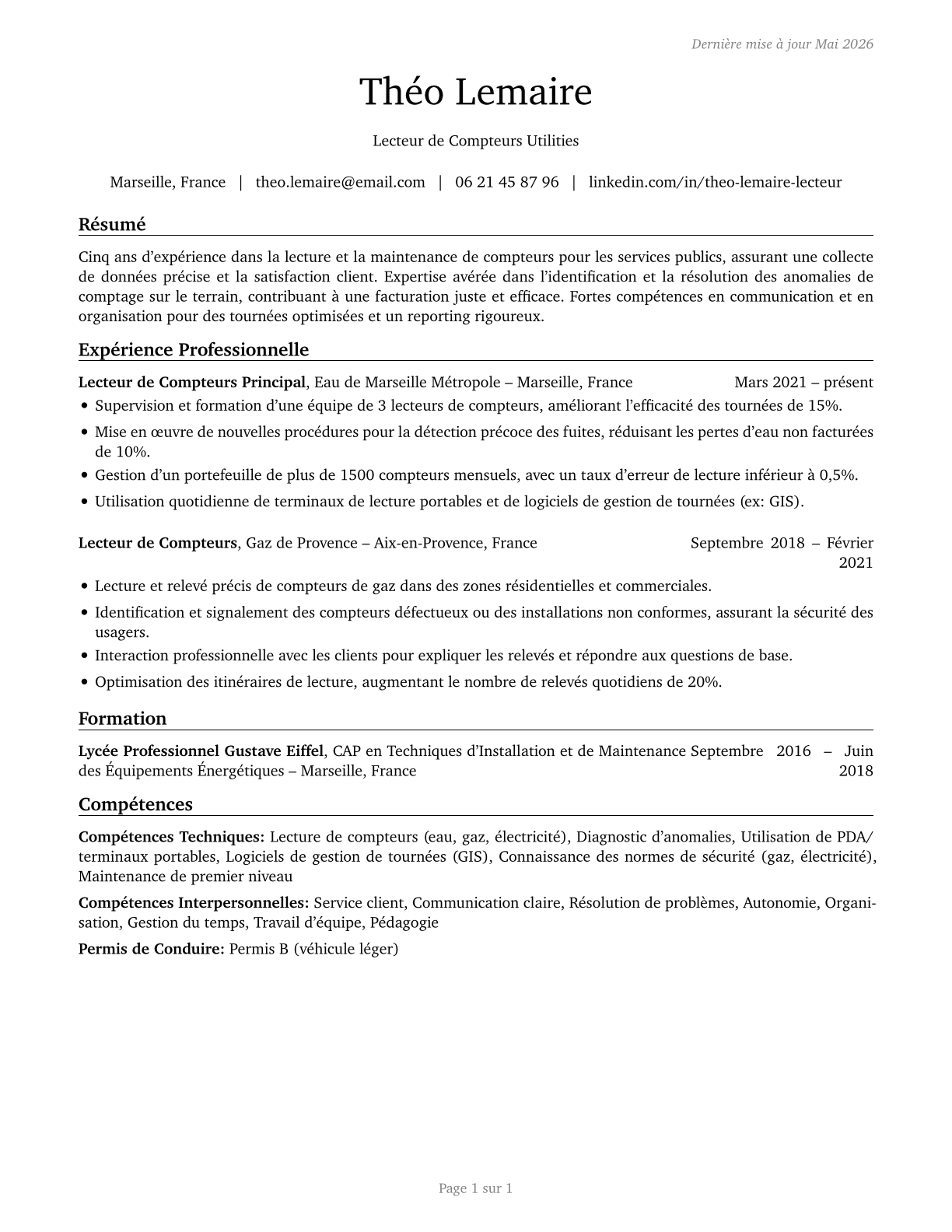 Meter Readers, Utilities CV in French — page 1