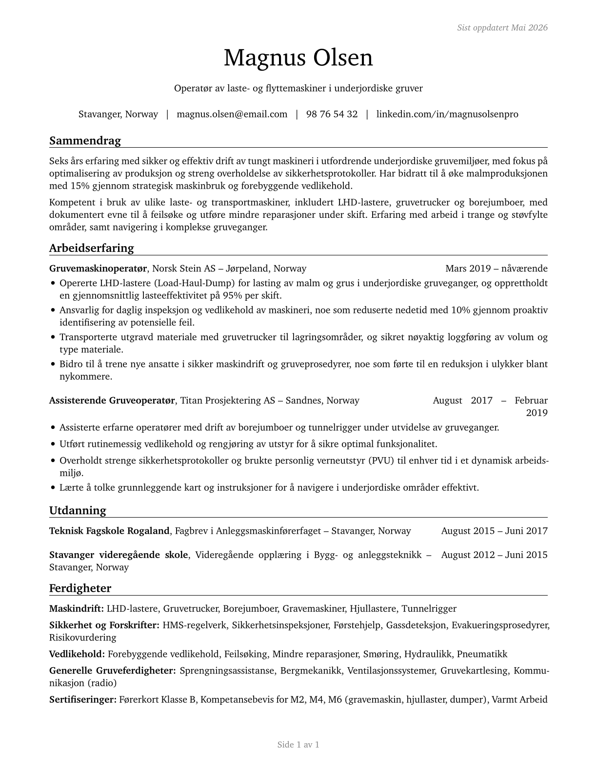 Loading and Moving Machine Operators, Underground Mining CV in Norwegian_bokmal — page 1