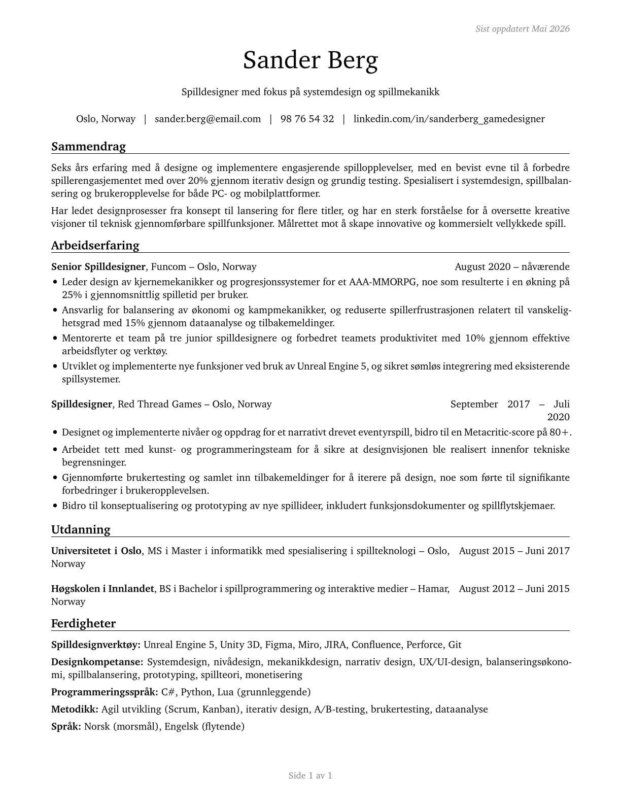 Video Game Designers CV in Norwegian_bokmal — page 1