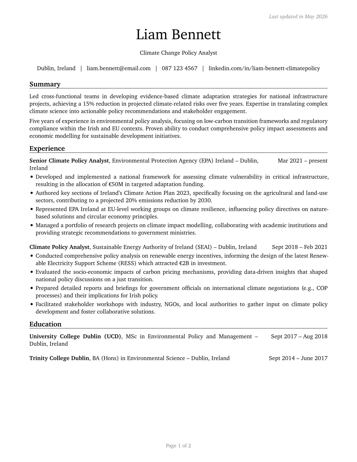 Climate Change Policy Analysts CV in English — page 1