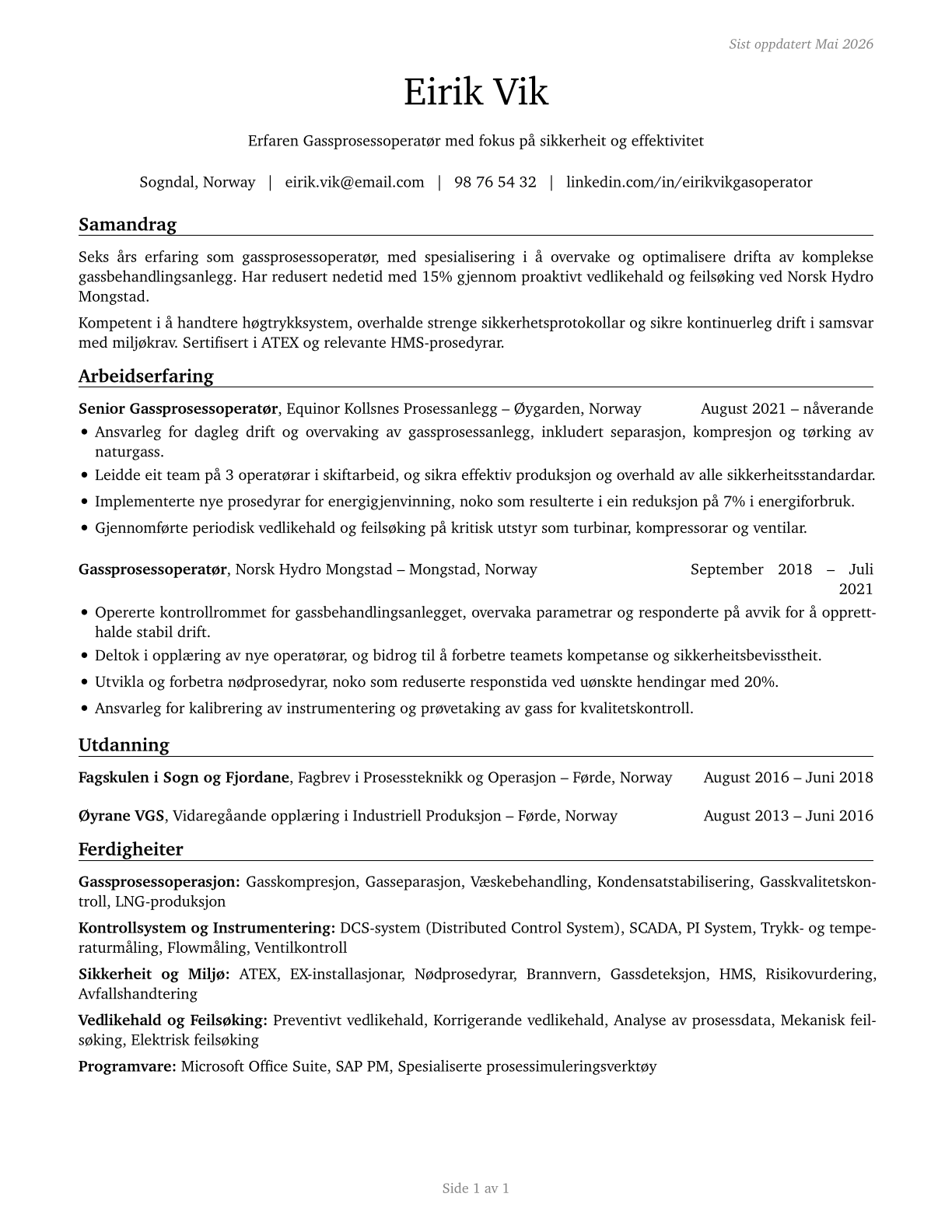 Gas Plant Operators CV in Norwegian_nynorsk — page 1