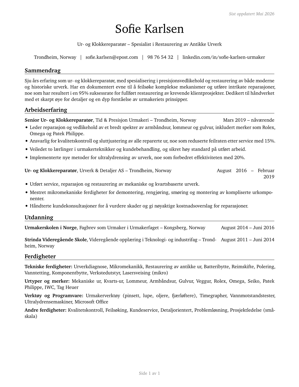 Watch and Clock Repairers CV in Norwegian_bokmal — page 1
