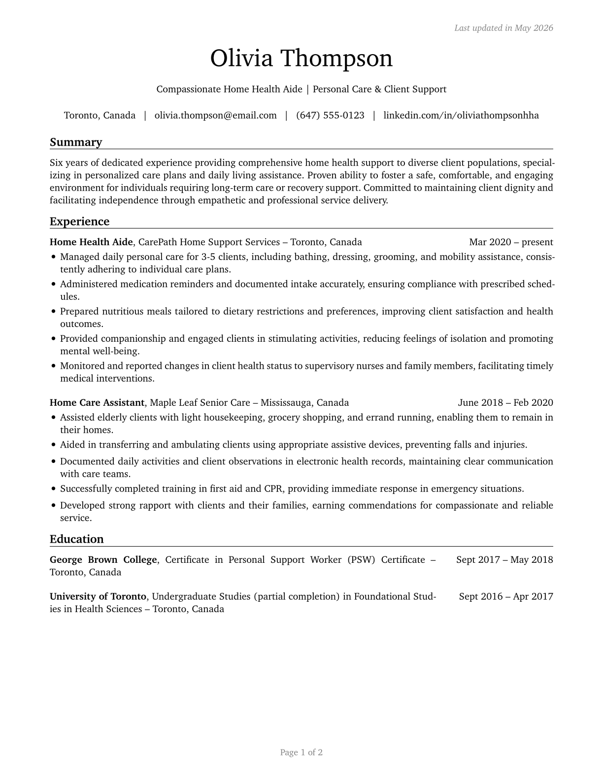 Home Health Aides CV in English — page 1
