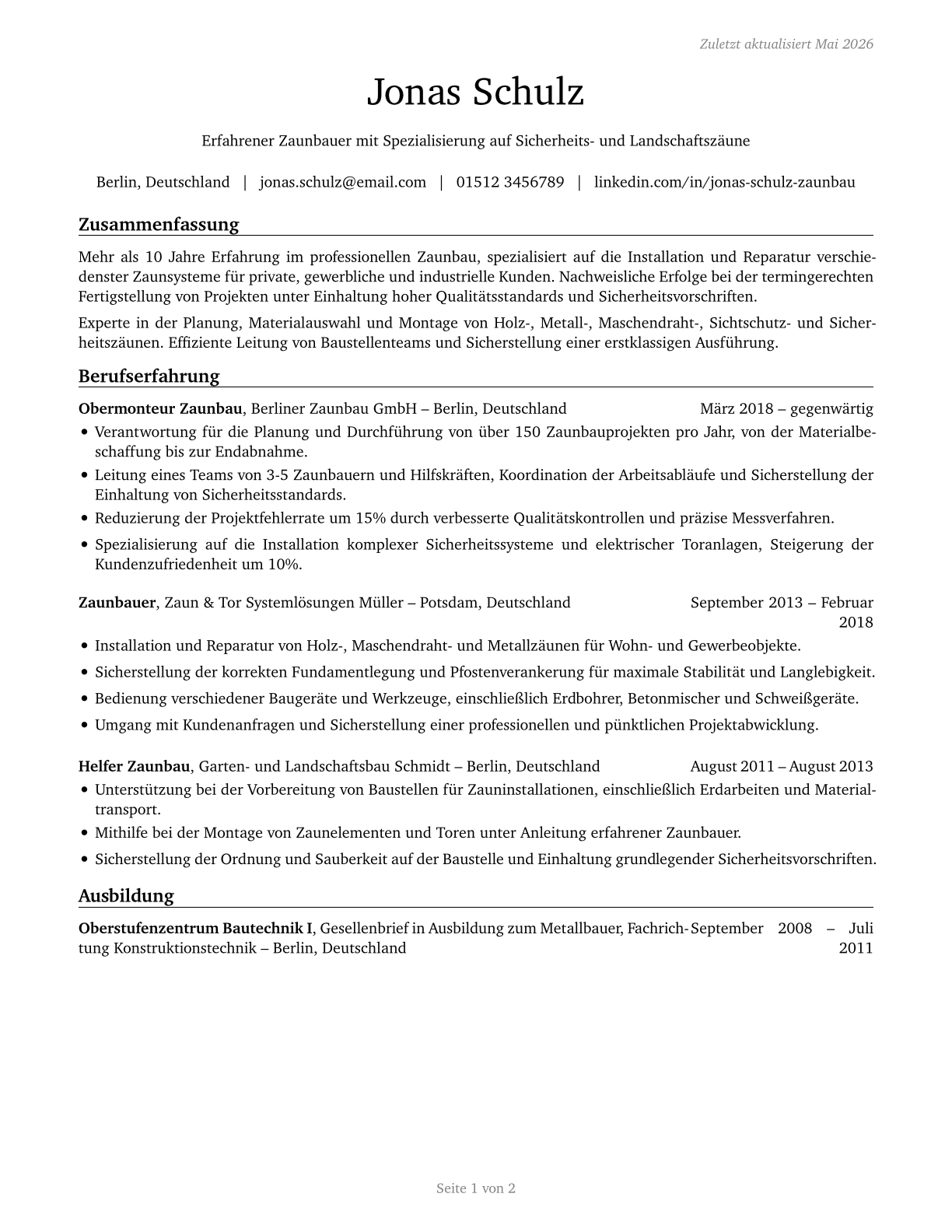 Fence Erectors CV in German — page 1