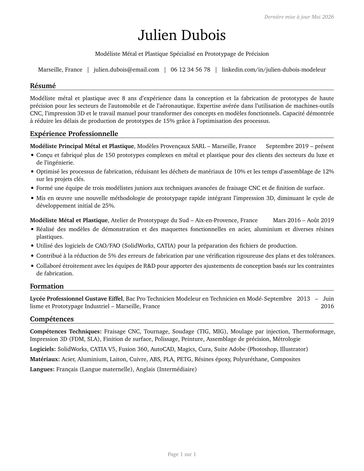 Model Makers, Metal and Plastic CV in French — page 1