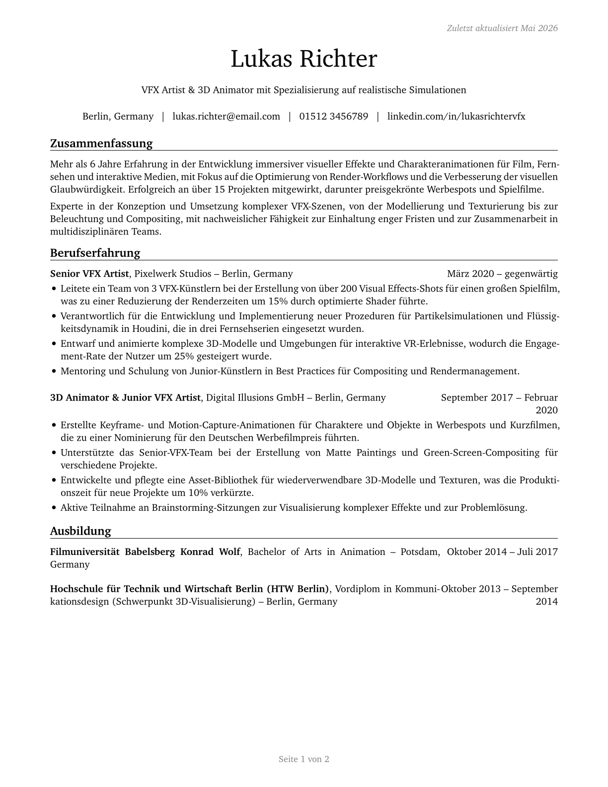 Special Effects Artists and Animators CV in German — page 1