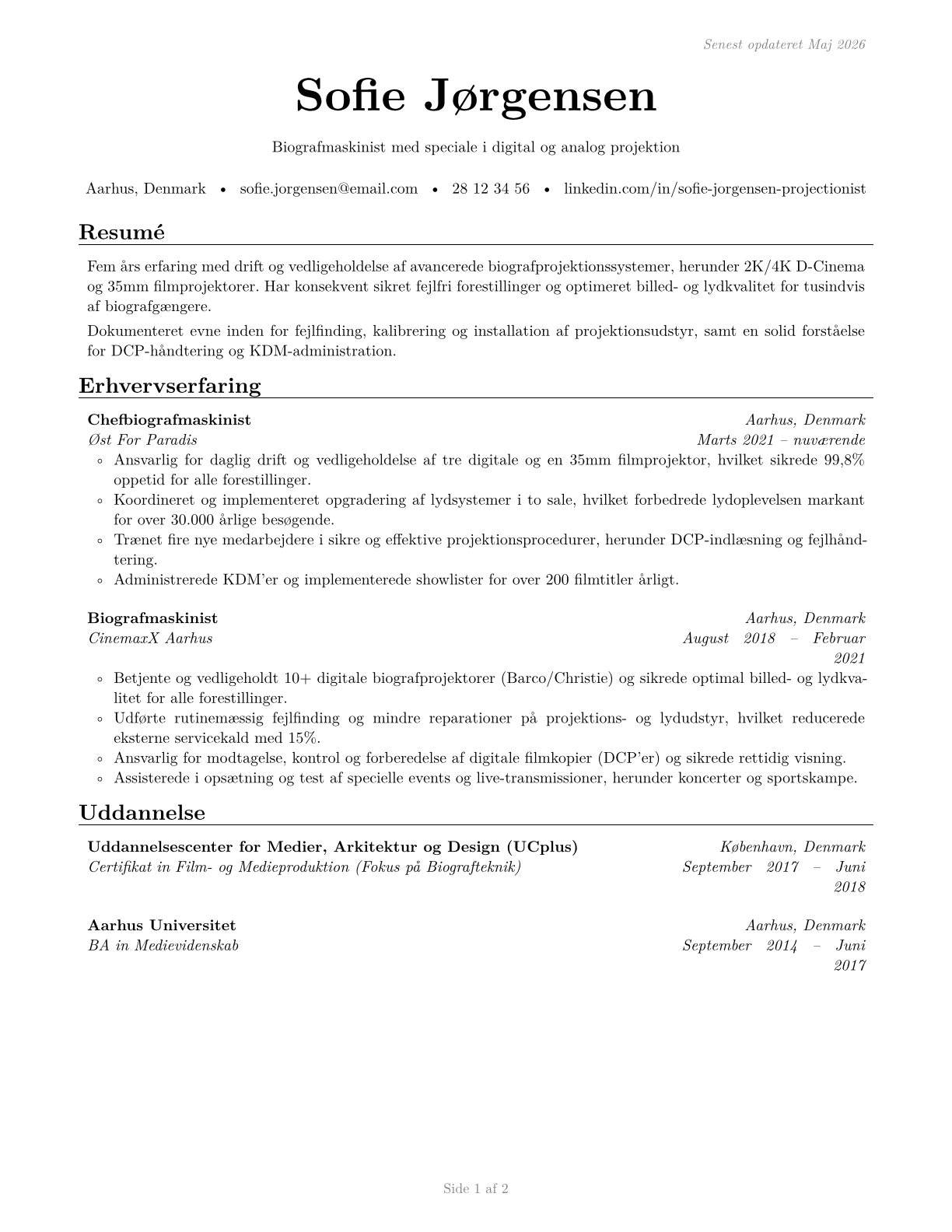 Motion Picture Projectionists CV in Danish — page 1
