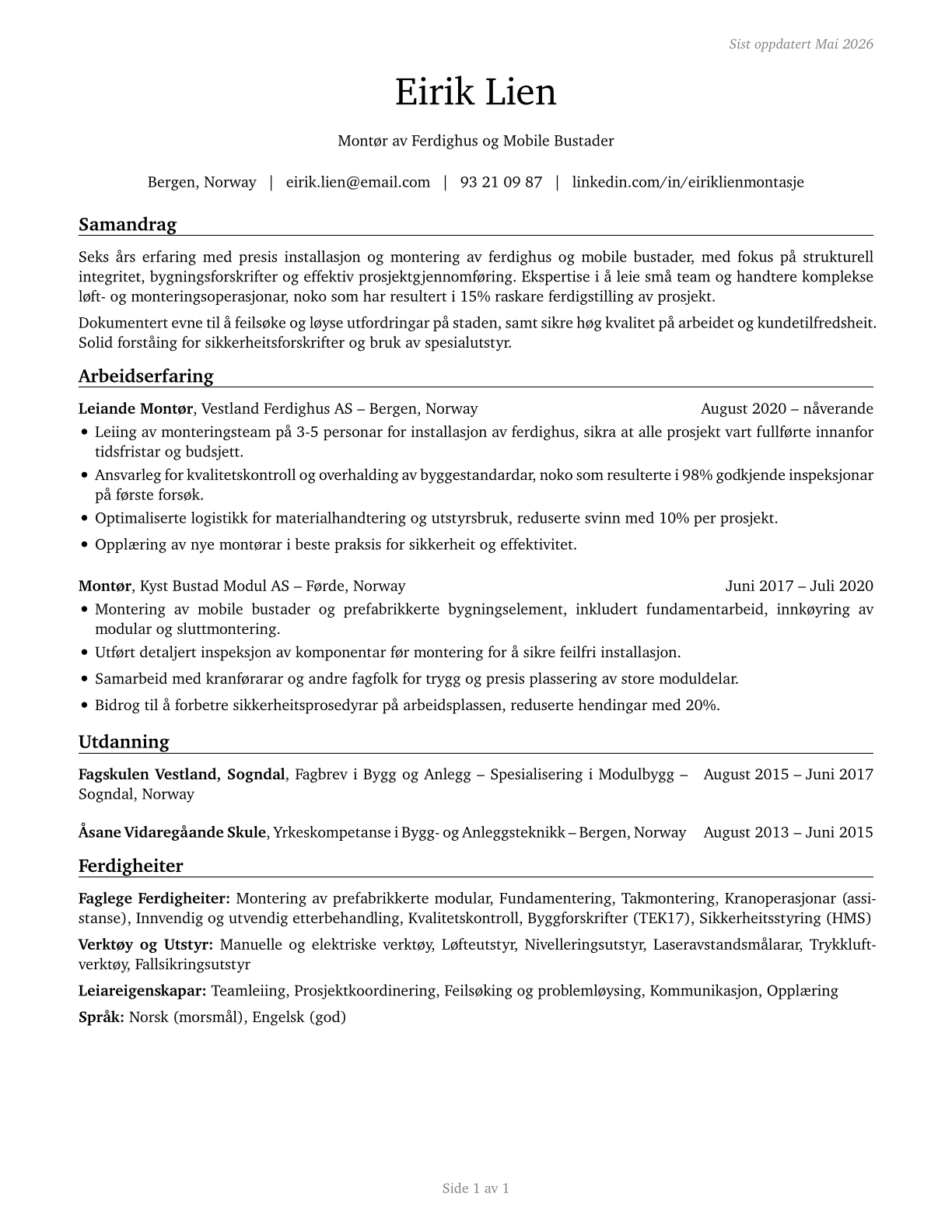 Manufactured Building and Mobile Home Installers CV in Norwegian_nynorsk — page 1