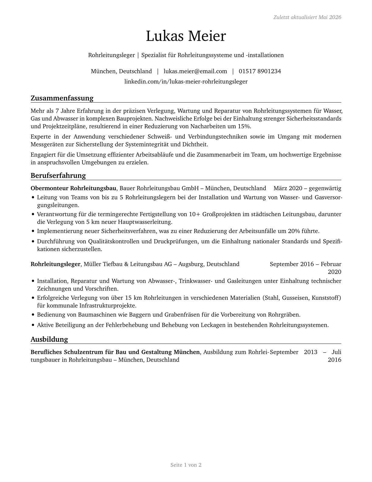 Pipelayers CV in German — page 1