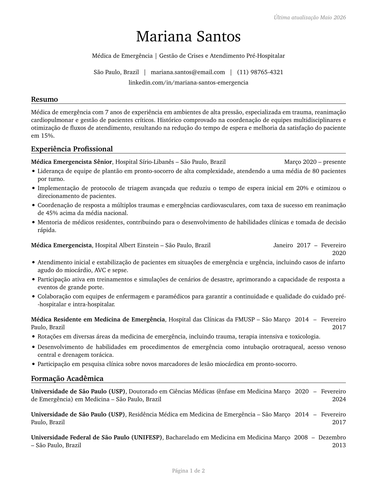 Emergency Medicine Physicians CV in Portuguese — page 1