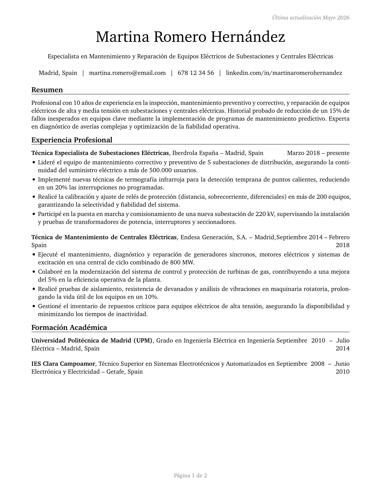 Electrical and Electronics Repairers, Powerhouse, Substation, and Relay CV in Spanish — page 1
