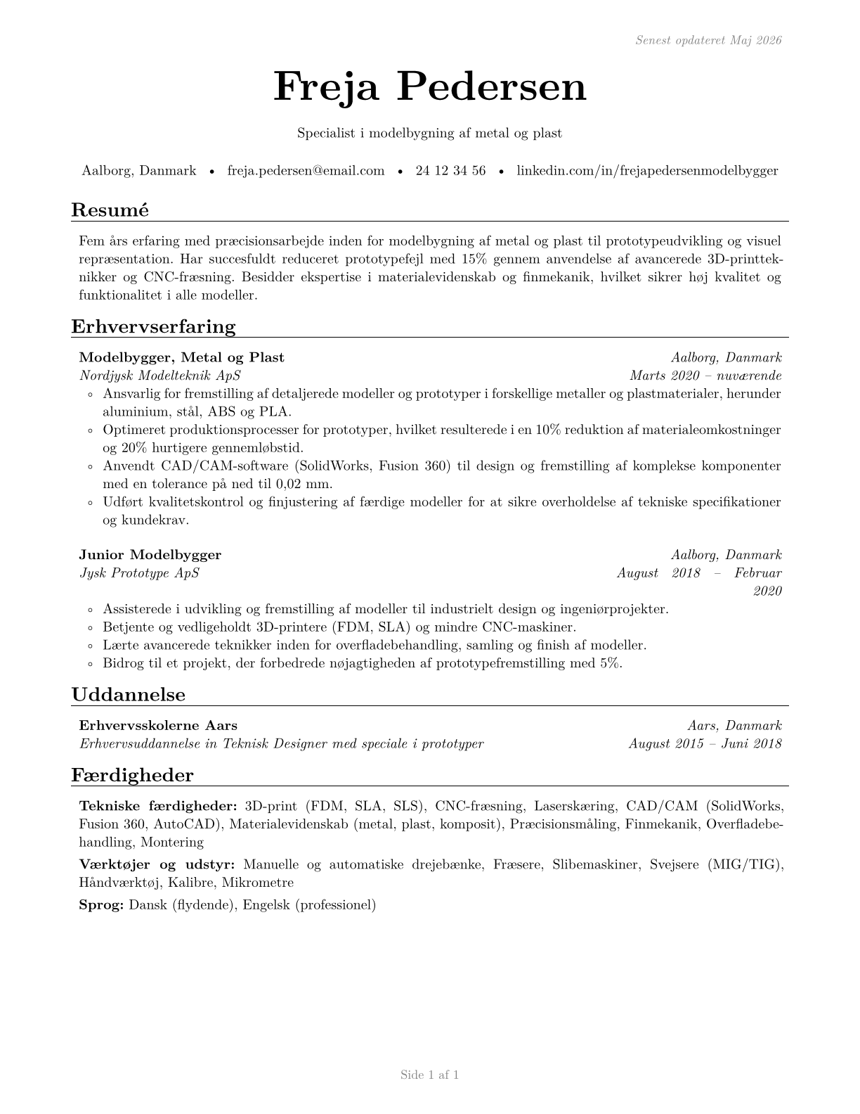 Model Makers, Metal and Plastic CV in Danish — page 1