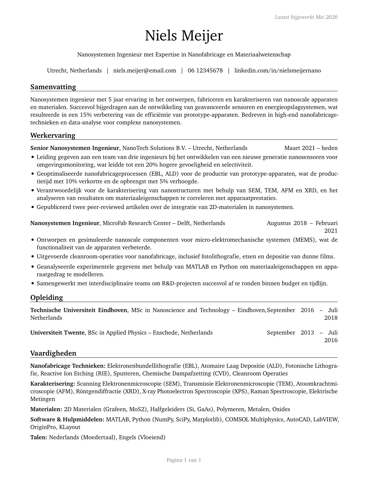 Nanosystems Engineers CV in Dutch — page 1